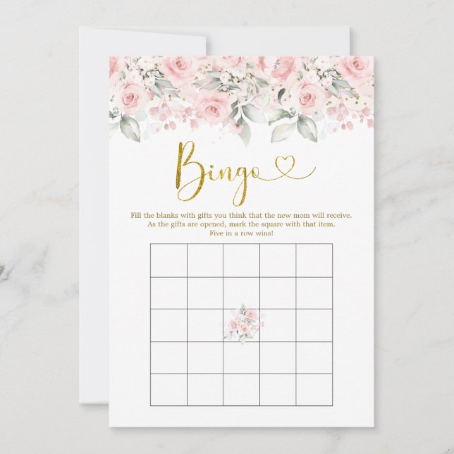 Convites Jogo Bingo de Bebê Chá de fraldas Floral Rosa Blus (Frente)