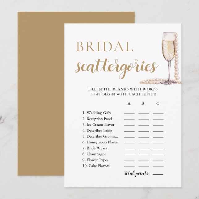 Convites Jogo Bridal Scattegories Pérolas Douradas e Prosec (Frente/Verso)