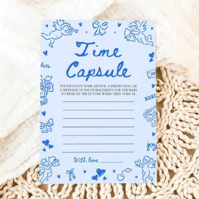 Convites Jogo Cápsula do Tempo para Chá de Bebê Desenhado à (Blue Hand Drawn Baby Shower Time Capsule Game)