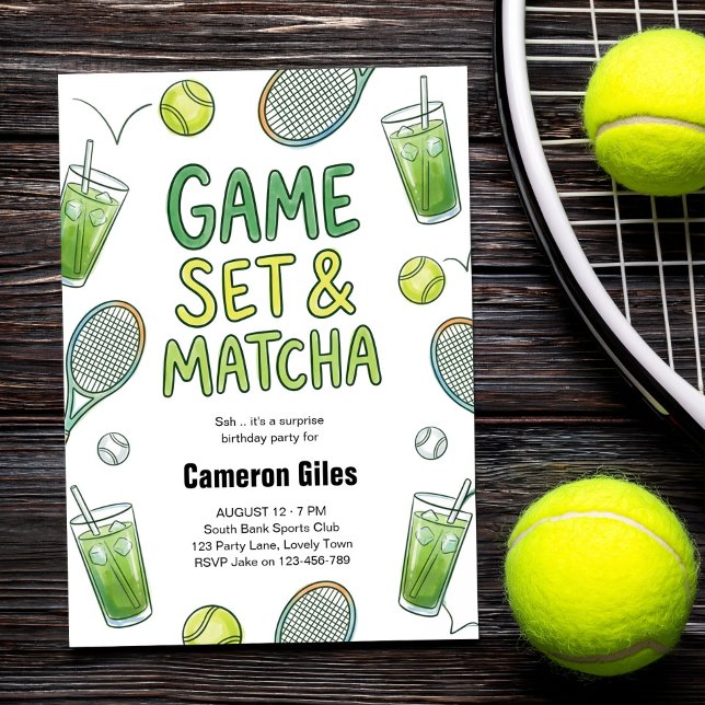 Convites Jogo, Conjunto e Matcha Surpresa de Aniversário de (Invitation for tennis player, coach or tennis club with fun matcha and tenniscore aesthetic.)