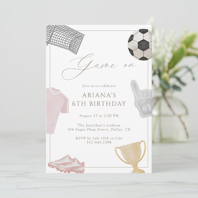 Convites Jogo Cor-de-rosa Festa de Aniversário de Futebol F (Em pé/Frente)