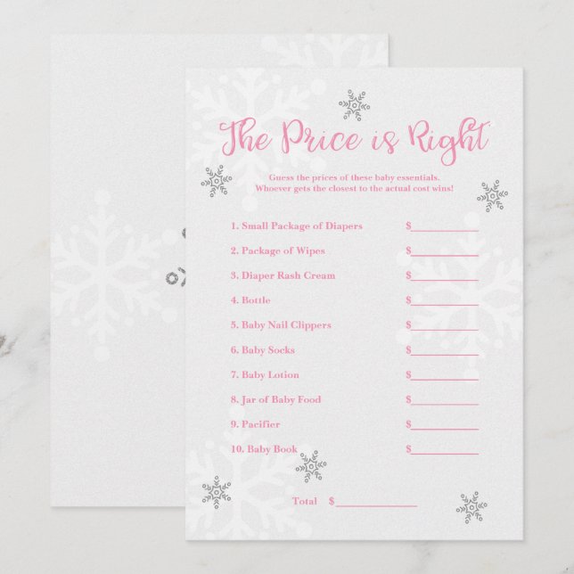 Convites Jogo da Neve Rosa e Prata The Price is Right (Frente/Verso)