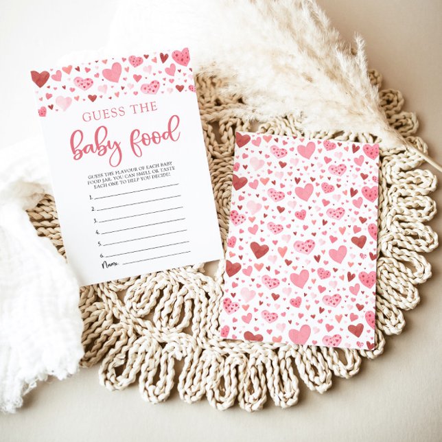 Convites Jogo de Adivinhação de Comida de Bebê Corações Ros (Watercolor Cute Pink Red Hearts Valentine Sweetheart Baby Girl Guess the Baby Food Baby Shower Game)
