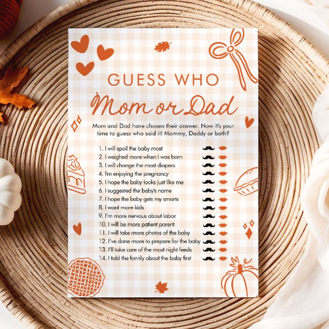 Convites Jogo de Advinhação Quem é Mamãe ou Papai Laranja d (Orange Fall Cutie Pie Guess Who Mom or Dad Game)