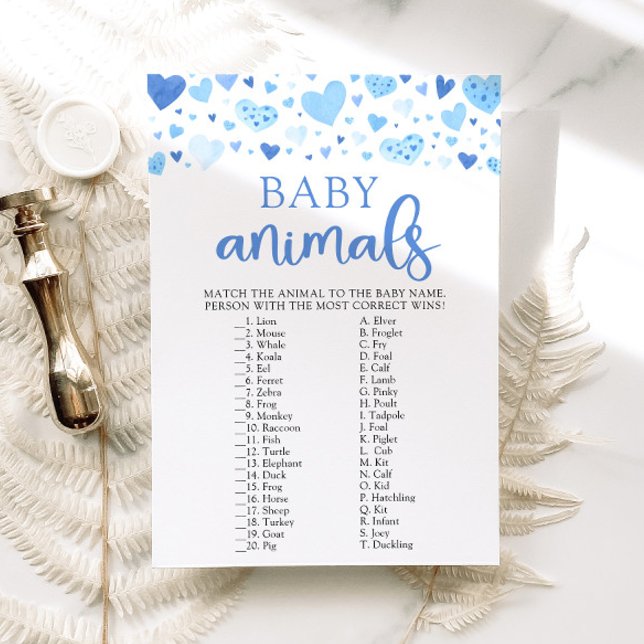 Convites Jogo de Animais Bebês no Chá de Bebê Blue Valentin (Watercolor Blue Hearts Valentine Sweetheart February Heartbreaker Boy Baby Animals Baby Shower Game)