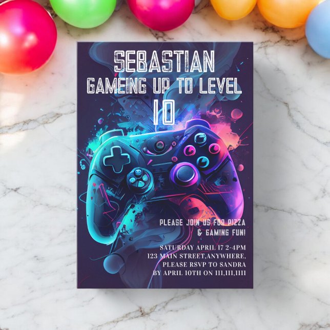 Convites Jogo de aniversário divertido (gaming birthday invitation fully editable and downloadable if needed , modern simple leveling up )