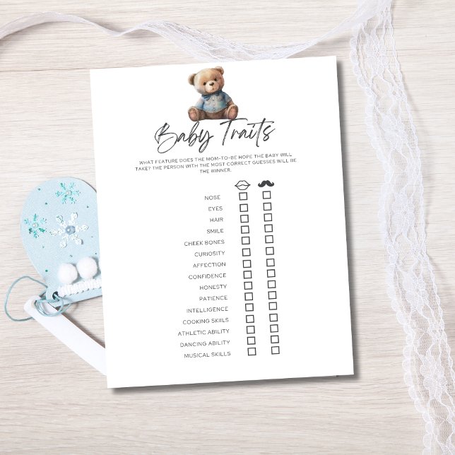 Convites Jogo de Baby Shower Bebê Menino Características do (Baby Shower Traits Game for Baby  boy shower with Blue Teddy Bear.)