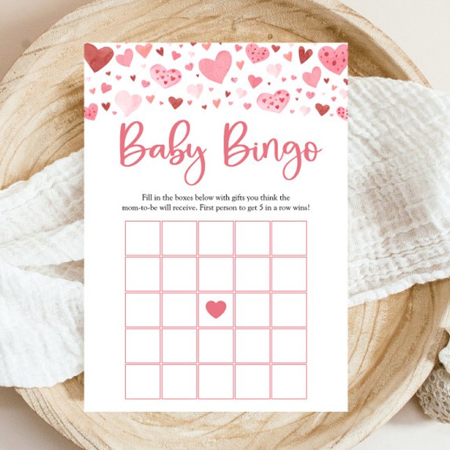 Convites Jogo de bebê da valentine baby com corações rosa d (Watercolor Cute Pink Red Hearts Valentine A Little Sweetheart Girl Baby Bingo Baby Shower Game)