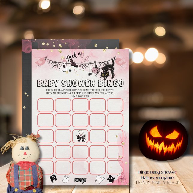 Convites Jogo de Bingo de Chá de fraldas Negro e Rosa-Bonit (Spooky-Cute Pink & Black Baby Shower Bingo Game Invitation)