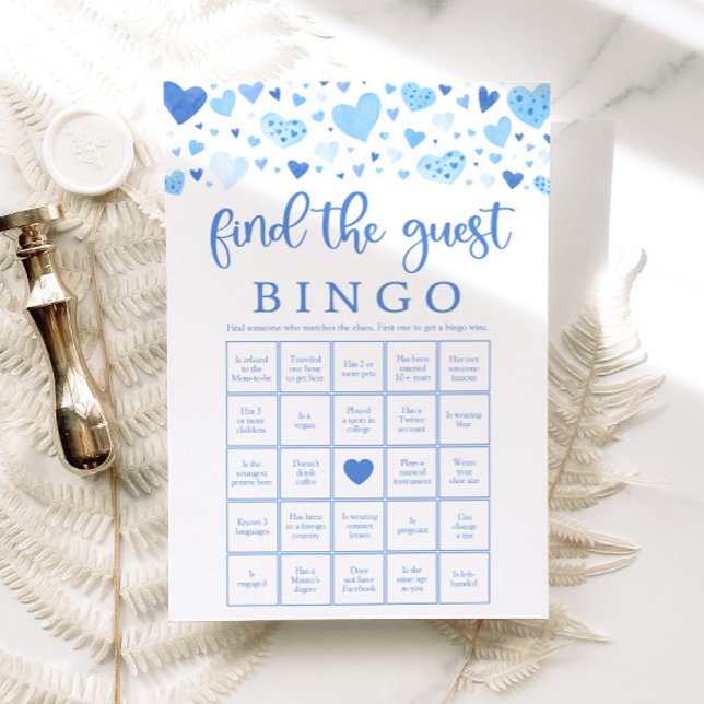 Convites Jogo de Bingo de Coração Azul para Encontrar o Con (Watercolor Cute Blue Hearts Valentine Sweetheart February Boy Find the Guest Bingo Baby Shower Game)