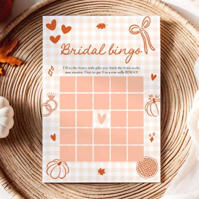 Convites Jogo de Bingo de Noiva com Xadrez Laranja Desenhad (Fall Hand Drawn Orange Gingham Bridal Bingo Game)