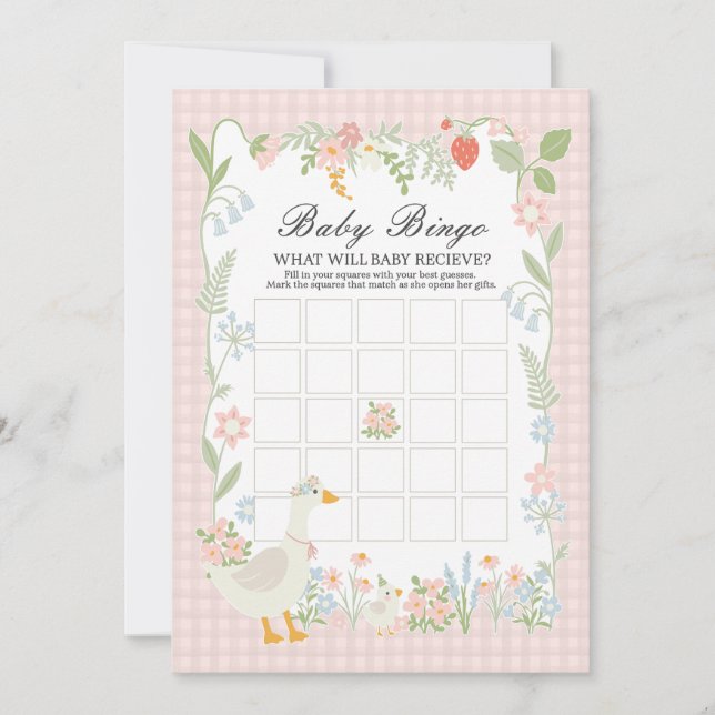 Convites Jogo de Bingo Floral Xadrez Ganso Bobo Rosa para B (Frente)