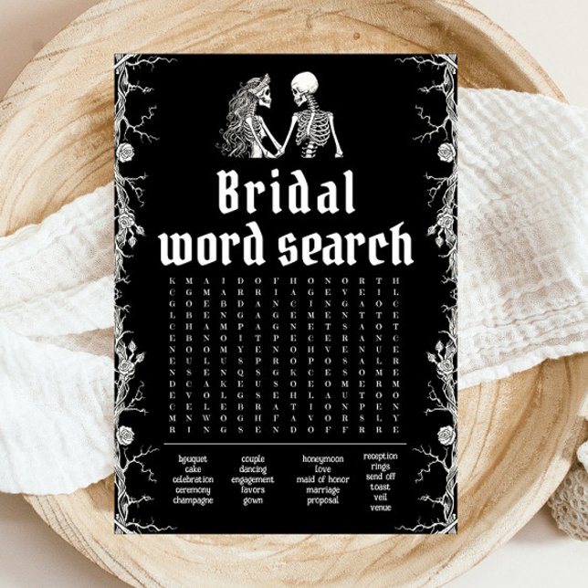 Convites Jogo de Busca de Palavras para Chá de Noiva de Esq (Halloween Skeleton Bridal Shower Word Search Game)