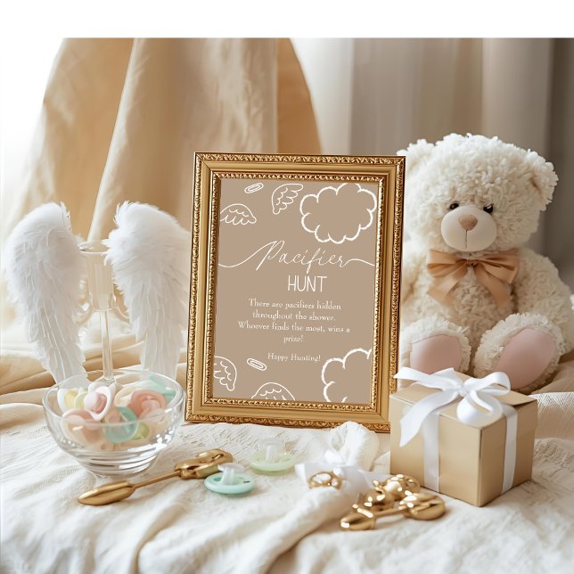 Convites Jogo de caça ao bico de bebê bege celestial (Heavenly baby shower beige Pacifier Hunt game)