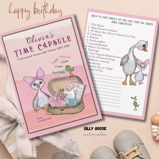 Convites Jogo de Cápsula do Tempo de Aniversário do Ganso B (Silly Goose Pink Bow Birthday Time Capsule Game Invitation)