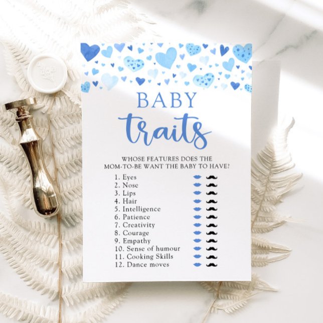 Convites Jogo de Características do Bebê Chuvinha de Coraçã (Watercolor Blue Hearts Valentine Sweetheart Heartbreaker February Boy Baby Traits Baby Shower Game)