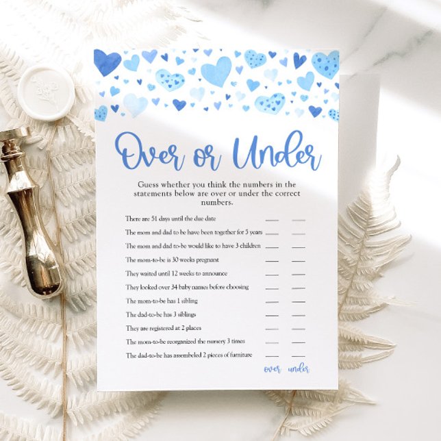 Convites Jogo de Chá de Bebê Blue Valentine Acima ou Abaixo (Watercolor Cute Blue Hearts Valentine Sweetheart February Baby Boy Over or Under Baby Shower Game)