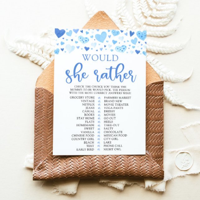 Convites Jogo de Chá de Bebê 'Blue Valentine Would She Rath (Watercolor Cute Blue Hearts Valentine Sweetheart February Boy Would She Rather Baby Shower Game)