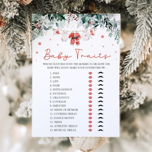 Convites Jogo de Chá de Bebê Características do Bebê Papai  (Watercolor Cute Red Christmas Santa Baby Traits Baby Shower Game)