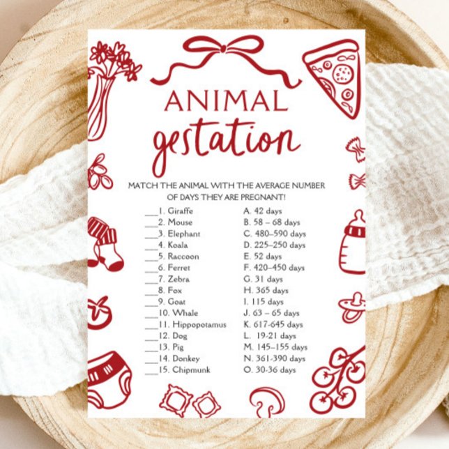 Convites Jogo de Chá de Bebê de Gestação de Animal Desenhad (Red Hand Drawn Animal Gestation Baby Shower Game)