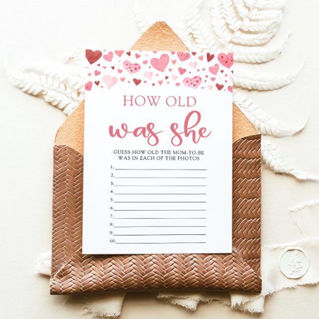 Convites Jogo de Chá de Bebê: Quantos Anos Ela Tinha no Dia (Watercolor Cute Pink Red Hearts Valentine A Little Sweetheart Girl How Old Was She Baby Shower Game)