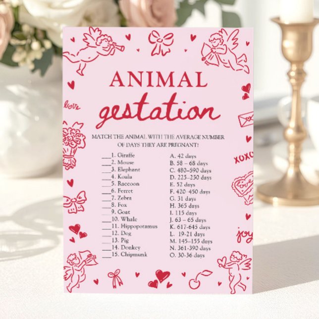 Convites Jogo de Chá de Bebê sobre Gestação de Animais no D (Pink Valentine Animal Gestation Baby Shower Game)