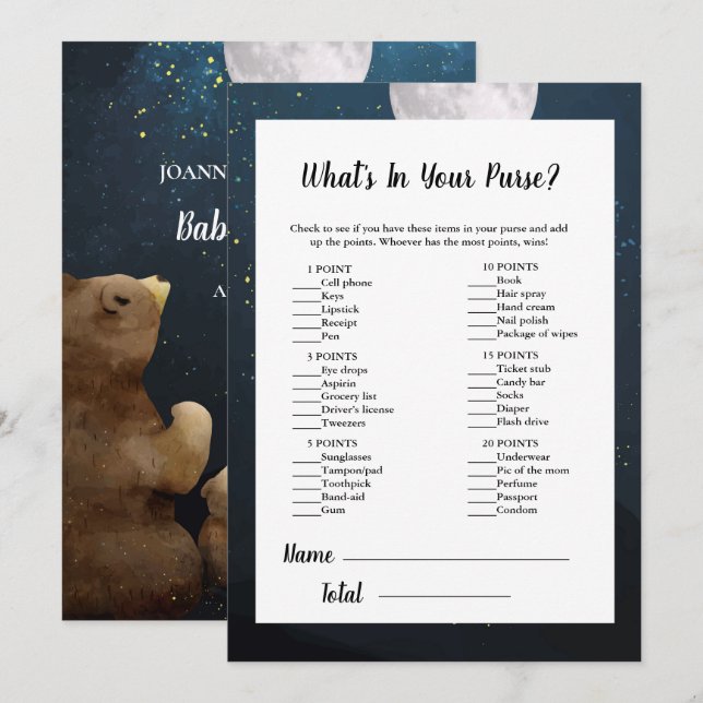 Convites Jogo de Chá de Bebê Urso O Que Está na Sua Bolsa (Frente/Verso)