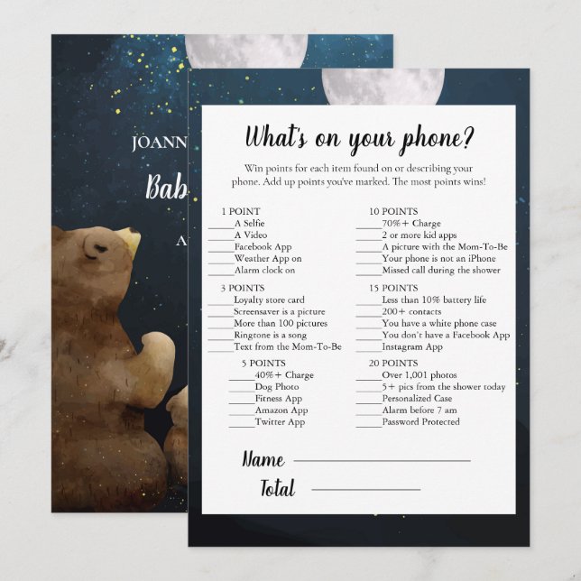 Convites Jogo de Chá de Bebê Urso Qual é o Seu Celular (Frente/Verso)