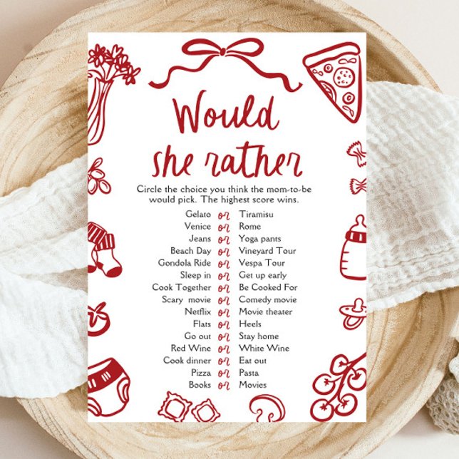 Convites Jogo de Chá de Bebê Vermelho Italiano 'Would She R (Red Italian Would She Rather Baby Shower Game)