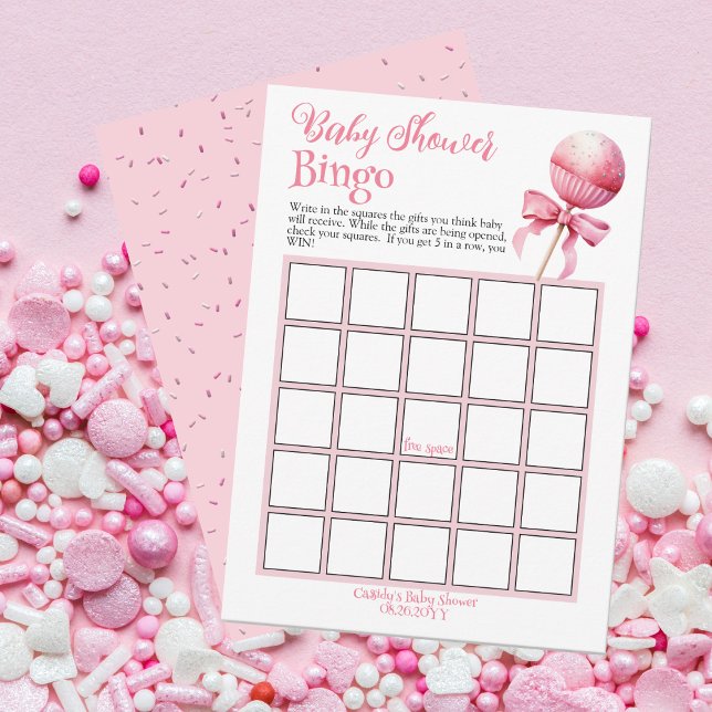 Convites Jogo de Chá de fraldas de Bingo de Bake Rosa (Pink Cake Pop Girl Baby Shower "Bingo" Game Card -- Pink Candy Frame Collection)
