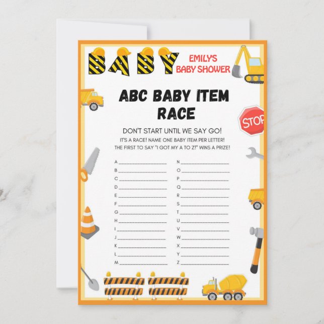 Convites Jogo de Chá de fraldas de Construção - Nome Editáv (Frente)