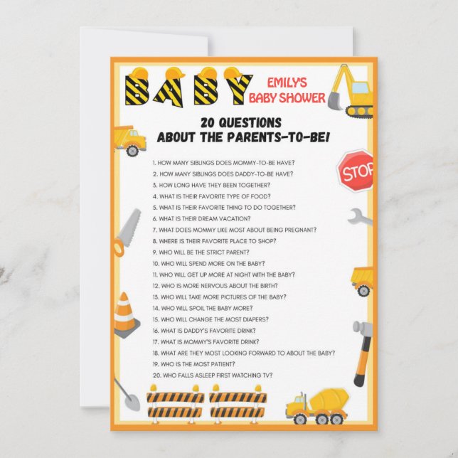 Convites Jogo de Chá de fraldas de Construção - Nome Editáv (Frente)