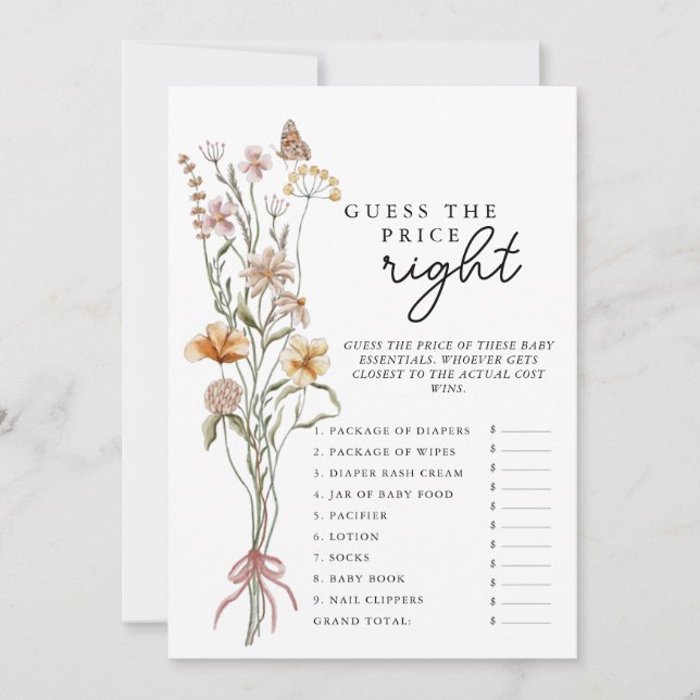 Convites Jogo De Chá de fraldas De Flor Selvagem Adivinha O (Frente)