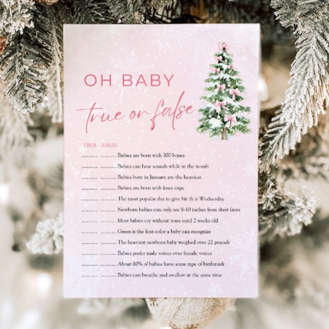 Convites Jogo de Chá de fraldas Falso ou Verdadeiro de Nata (Pink Bows Christmas Oh Baby True or False Baby Shower Game)