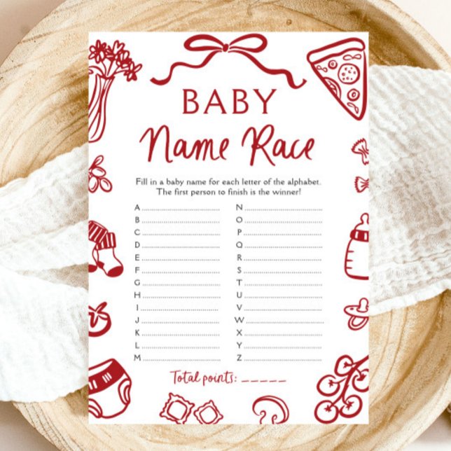Convites Jogo de Chá de fraldas Race do Nome do Bebê Italia (Hand Drawn Italian Baby Name Race Baby Shower Game)