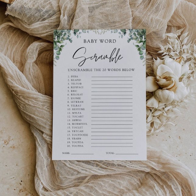 Convites Jogo de Chá de fraldas verde - Rascunho de palavra (Greenery Baby shower game – Word scramble Invitation)