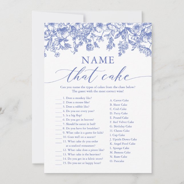 Convites Jogo de Chá de Noiva Blue Floral Name That Cake (Frente)