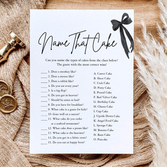 Convites Jogo de Chá de Noiva Nomeie aquele Bolo com Laço P (Black Bow Name That Cake Bridal Shower Game)