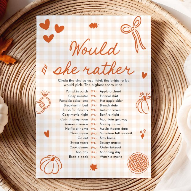 Convites Jogo de Chá de Noiva Orange Fall Would She Rather (Orange Fall Would She Rather Bridal Shower Game)