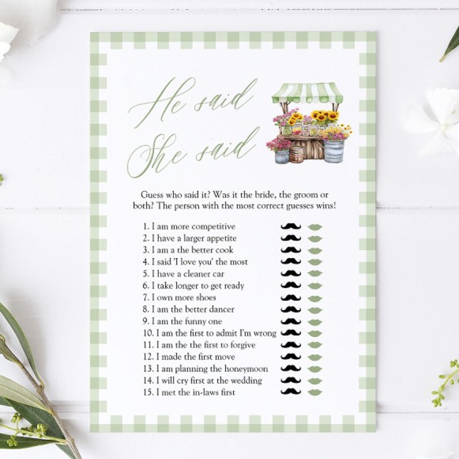 Convites Jogo de Chá de Noiva Sage Green He Said She Said (Sage Green He Said She Said Bridal Shower Game)
