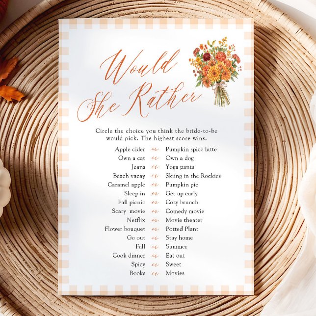 Convites Jogo de Chá de Noiva 'Would She Rather' de Laranja (Fall Orange Would She Rather Bridal Shower Game)