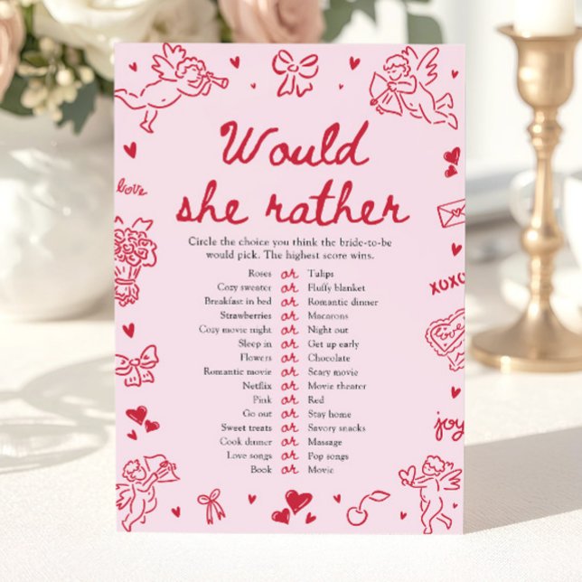 Convites Jogo de Chá de Noiva 'Would She Rather' Desenhado  (Hand Drawn Would She Rather Bridal Shower Game)