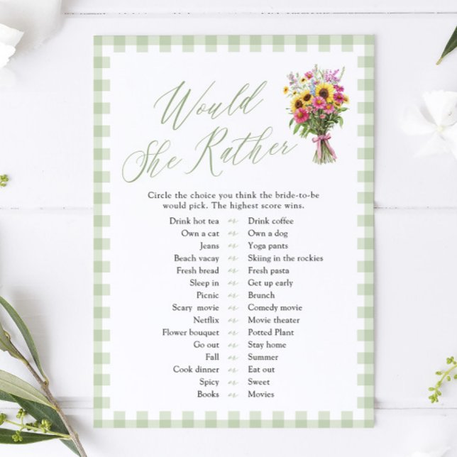 Convites Jogo de Chá de Noiva 'Would She Rather' em Verde S (Sage Green Would She Rather Bridal Shower Game)