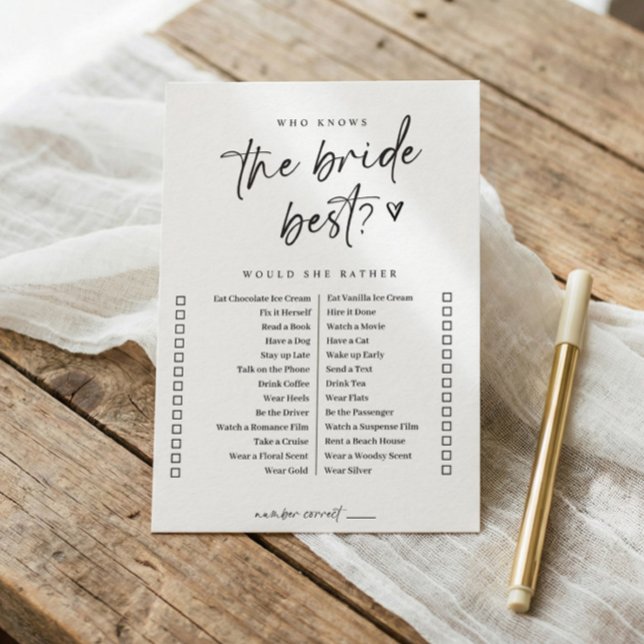Convites Jogo de Chá de panela Casual Moderno Ela Preferenc (Would she rather bridal shower game - who knows the bride best? Modern casual handwriting script.)