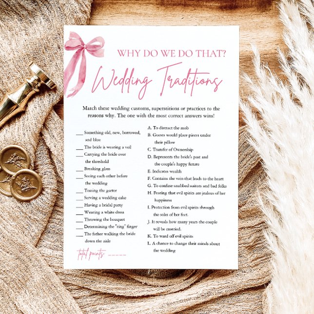 Convites Jogo de Chá de panela de Tradições de Casamento de (Pink Bow Wedding Traditions Bridal Shower Game)