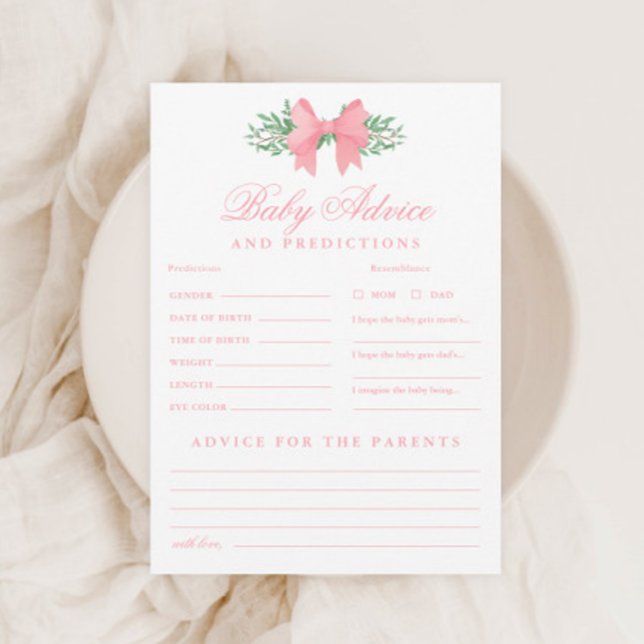 Convites Jogo de Chuva de Bebê com Dicas e Previsões para B (Elegant Pink Bow Baby Advice and Predictions Shower Game.)