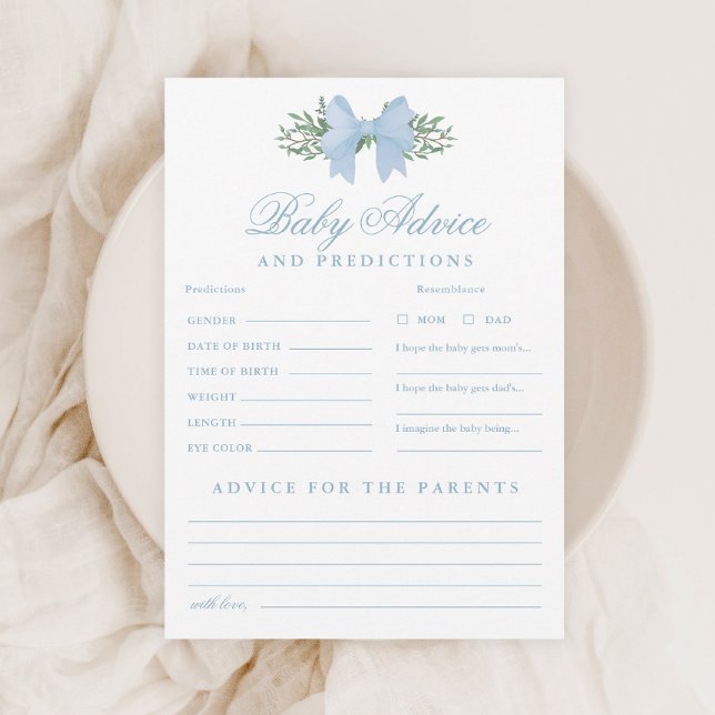 Convites Jogo de Chuva de Conselhos e Previsões para o Bebê (Elegant Blue Bow Baby Advice and Predictions Shower Game.)