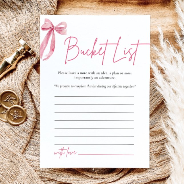 Convites Jogo de Chuva de Presentes de Noiva com Balde de L (Blush Pink Bow Bucket List Bridal Shower Game)