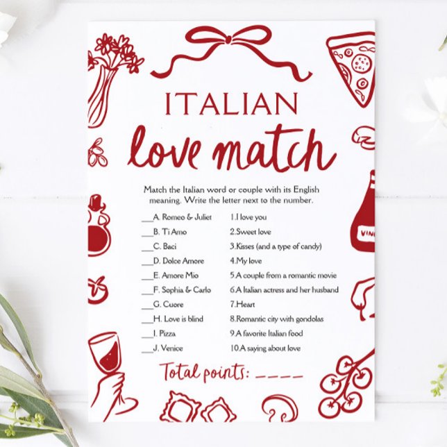 Convites Jogo de Chuveiro de Noiva Amor Vermelho Casamento  (Red Amore Italian Love Match Bridal Shower Game)