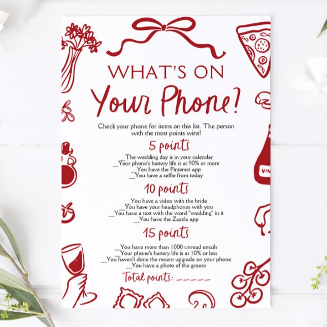 Convites Jogo de Chuveiro de Noiva "O que está no seu telef (Italian What's On Your Phone Bridal Shower Game)